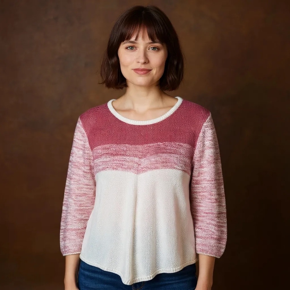 Cotton Country Pink White Nubby Waffle Knit Long Sleeve Top Size M